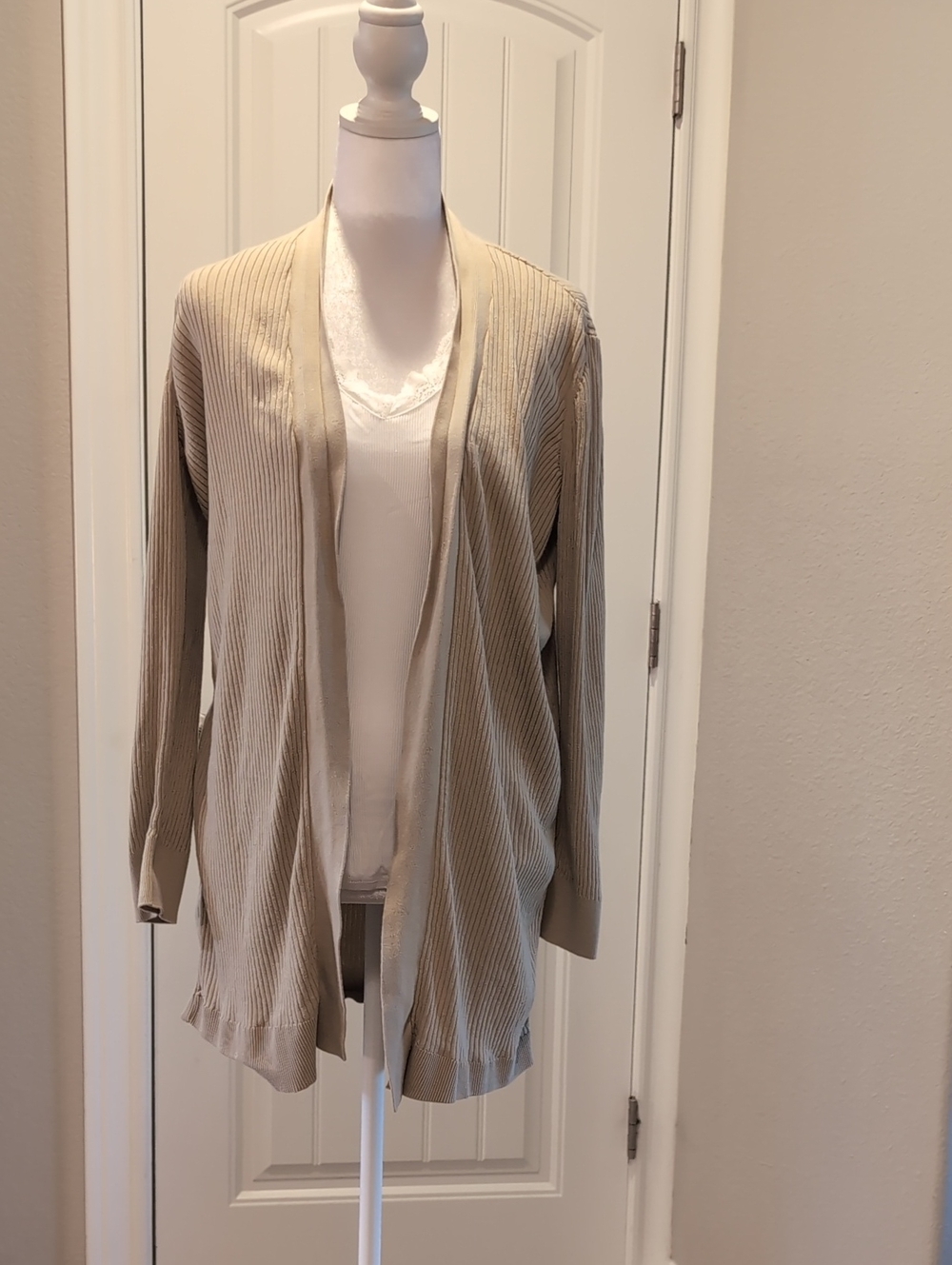 LOFT Light Beige Ribbed Open-Front Cardigan